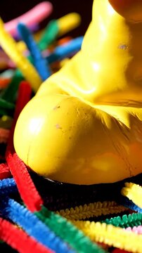 Bright yellow object surrounded by colorful craft supplies