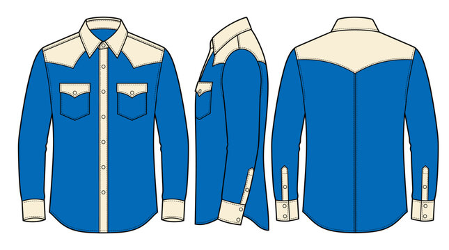 Western shirt with front side and back views apparel mockup template vector illustration
