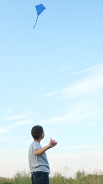Young boy enjoying a beautiful summer day by flying a vibrant blue kite in a green field, a peaceful and happy outdoor recreational activity symbolizing freedom, dreams, and a carefree childhood