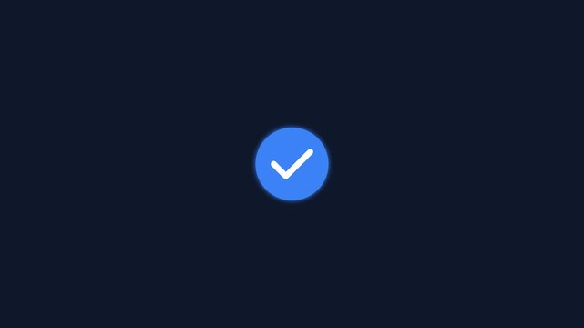 Blue verified checkmark icon animation pulsing rhythmically against a dark minimalist digital background motion video clip