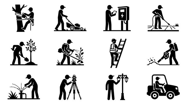 Landscaper and Gardener Worker Vector Icon Set, Lawn Care Groundskeeper Outdoor Maintenance Pictogram Collection Isolated on White Background for Gardening Service Contractor Brand Logo Design