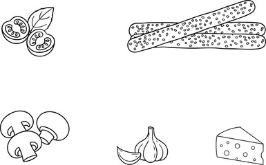 Obraz premium Hand Drawn Food Ingredient Line Art Collection with Tomato Garlic Mushroom Cheese and Breadsticks