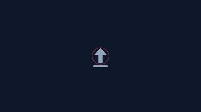 Digital upload interface animation showing a circle button with changing icons against a dark blue background
