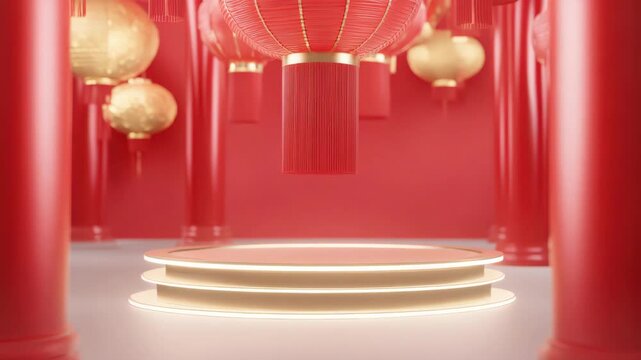 Chinese New Year product display podium with red lanterns and traditional pillars for festive commercial advertising and luxury retail promotion