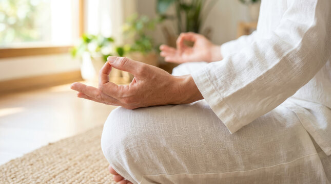 Close-up of hands in mudra gesture during meditation in a bright sunlit room for a wellness lifestyle