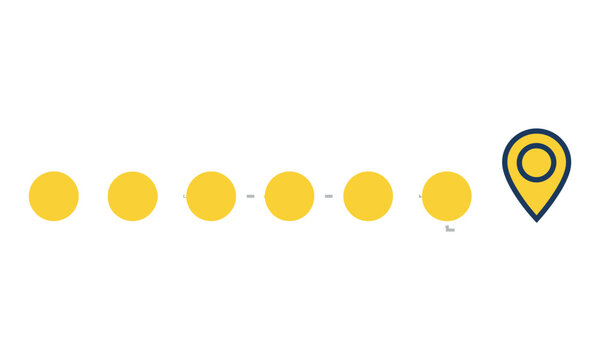 Stylized yellow circular steps connected by dashed lines leading to a navy map pin on white, a clear progression or destination concept