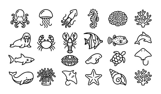Marine Animals Outline Icon Set Vector Collection EPS