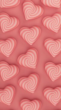 Coral pink spiral pulsating hearts pattern for Valentine s Day, seamless 3D loop animation. Vertical video.