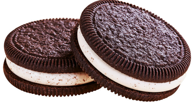 Two delicious chocolate cookies with creamy filling isolated on a transparent background, perfect for baking, desserts, or sweet treats