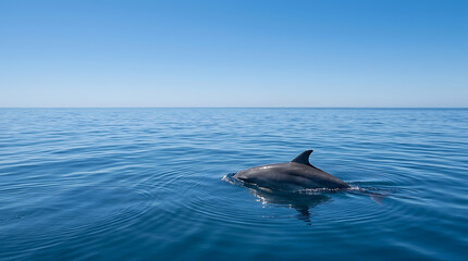 Fototapeta premium Dolphin swimming in calm blue ocean. Wild marine mammal gliding through clear sea water.