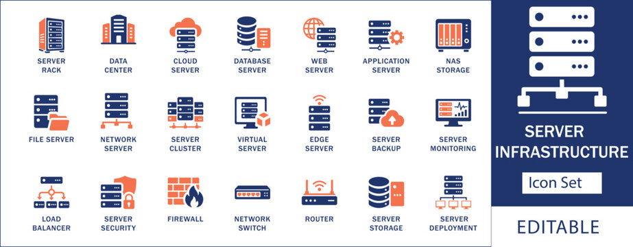 Server infrastructure solid icon set. Featuring data center, cloud server, database, load balancer, firewall, and backup system. Editable vector glyphs for modern network UI design.