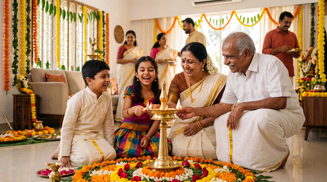 Indian multi-generational family lighting a traditional oil lamp indoors. Indian culture, family celebration, religious ritual, festive occasion, Onam.