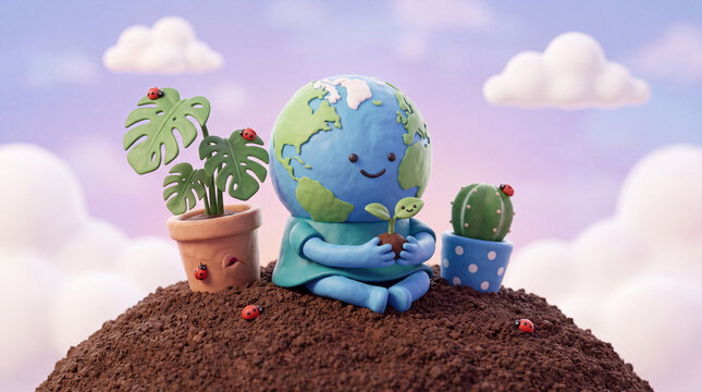 A charming claymation Earth character sits on soil, holding a tiny seedling, surrounded by potted plants and ladybugs against a pastel sky.