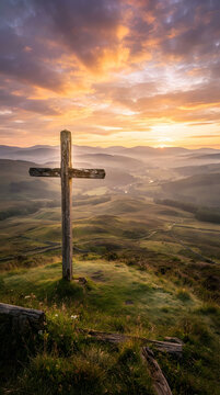 Wooden cross standing in golden sunrise field. Rustic religious symbol illuminated by dawn light on misty hilltop.