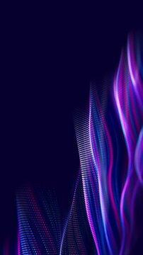 Futuristic particle wave with shallow depth of field, cyberspace and streaming big data flow animation. Vertical video.