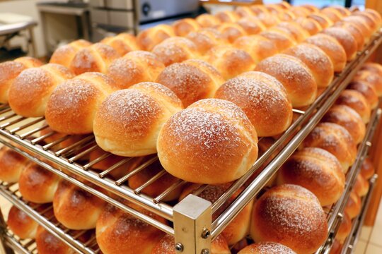 焼きたてのパンが棚に並んだベーカリーの製造風景