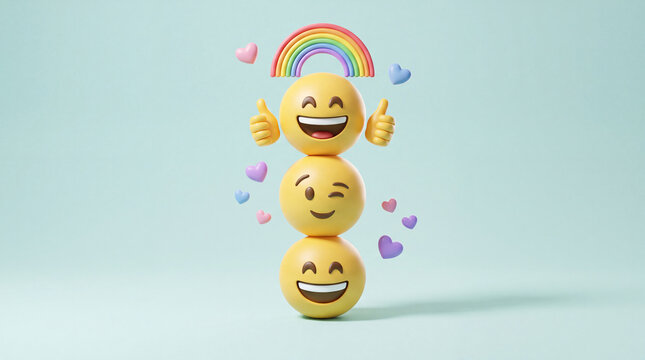 A stack of three happy emojis, topped with a rainbow and surrounded by colorful hearts on a soft blue background.