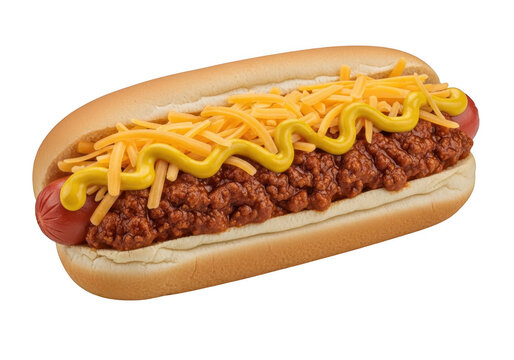 Delicious chili cheese hot dog with mustard in a soft toasted bread bun isolated on transparent background