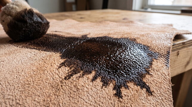 Close up of dark brown dye being applied to textured raw leather hide using a wool dauber tool on a wooden workbench