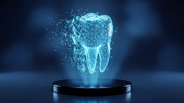 A futuristic blue digital hologram of a tooth is displayed on a pedestal, showcasing advanced dental technology.