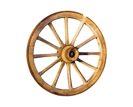 Wooden wagon wheel with dark spokes and a central hub isolated on a black background spoked cart old rustic vintage
