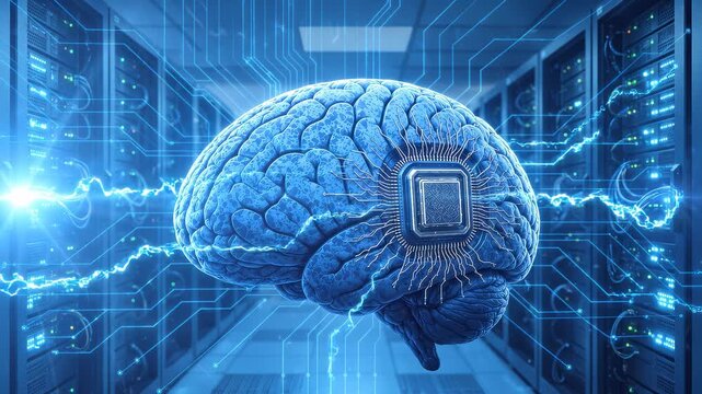 Artificial intelligence brain with microchip and glowing circuit lines in server room. Lockdown shot.