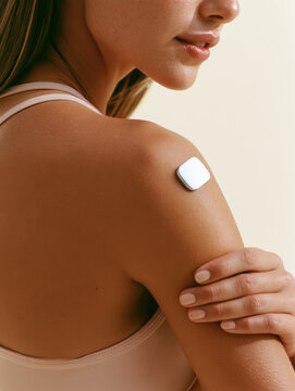 Continuous glucose monitor patch on shoulder during workout, closeup profile with warm skin and empty copy space