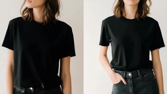 Woman wearing black t-shirt and jeans mockup, young female model posing in plain dark apparel for fashion design presentation on white background