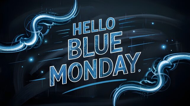 Hello blue monday text design with abstract glowing blue light swirls, creative typography illustration for motivational concept, dark background