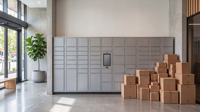 Parcel locker system with stacked delivery boxes highlighting e-commerce growth challenges in a modern office lobby