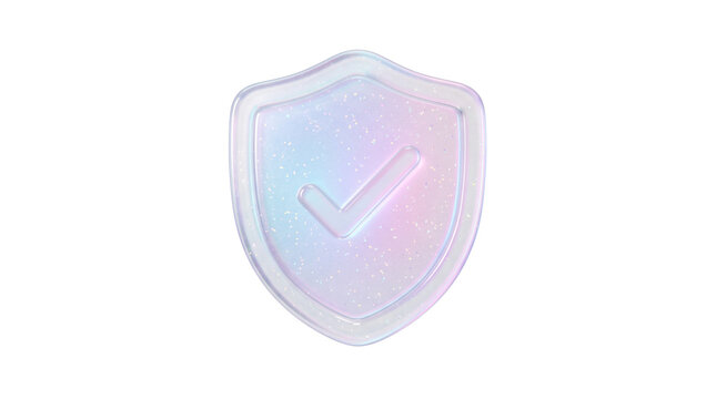 Holographic 3D shield icon with checkmark, iridescent glass security symbol for cyber safety, pearlescent protective shield on white background