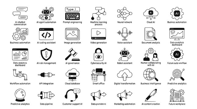 AI workflow line icon set. 35 outline vector illustrations of artificial intelligence, automation, machine learning and business technology concepts.