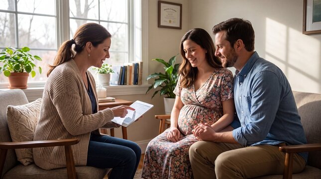A pregnant couple meets with a financial advisor to discuss their future plans with focus on pregnancy planning consultation.