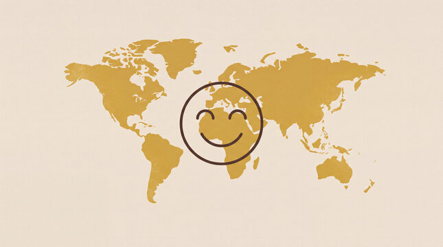 A stylized world map illustration in golden yellow features a cheerful smiley face icon superimposed over Europe.