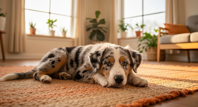 Cute Australian Shepherd Dog Lying Down Relaxing on a Woven Rug inside a Bright Modern Living Room