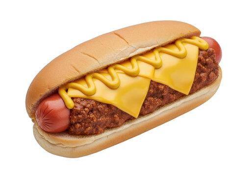 Delicious chili cheese hot dog with yellow mustard on a fresh bakery bun isolated on transparent background