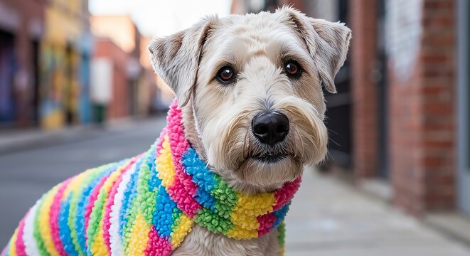 A Very Cute Wheat Colored Wheaten Terrier Dog Wearing A Bright Colorful Knitted Sweater Outside