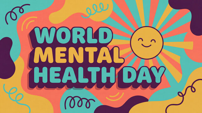 A vibrant illustration celebrating World Mental Health Day features bold text and a cheerful sun, surrounded by abstract, colorful shapes and squiggles.