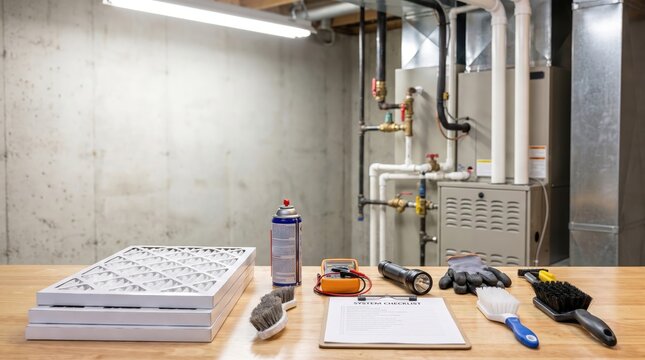 Home HVAC maintenance kit with tools and filter supplies, seasonal heating service, DIY home repair.