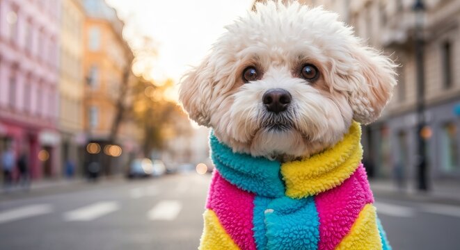 Cute Fluffy Puppy Wearing A Colorful Fleece Jacket Pose For A Portrait On A Blurred City Street
