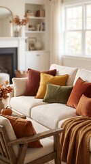 Obraz premium Cozy autumn living room with warm blankets and seasonal decor, comfortable family home interior.