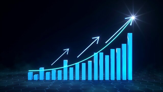 Glowing blue bar chart showing business growth and financial success with upward trending arrows on dark background