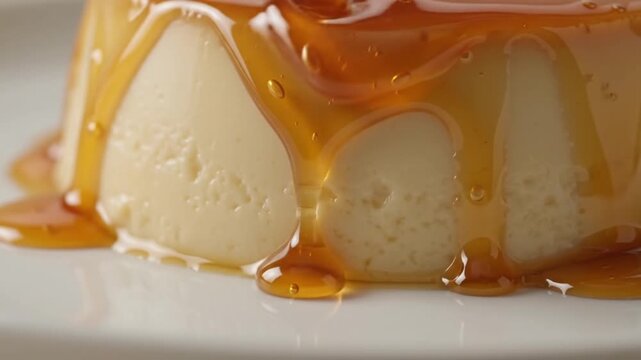 A classic Brazilian caramel flan (pudim de leite) served on a white ceramic plate against a warm neutral background. Features thick glossy golden caramel syrup pouring smoothly over the top and drippi