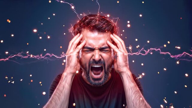 Aggressive man screaming in pain with glowing red neural network sparks around head. Mental health crisis and brain activity visualization. Static medium shot.