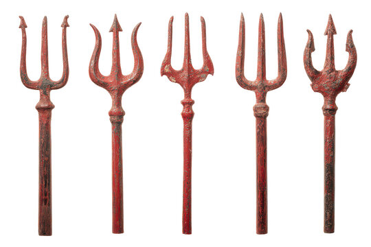 Five ancient trident weapons with weathered red paint during a studio shoot