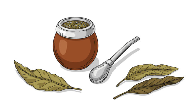 Traditional south american yerba mate tea set with a ceramic gourd cup, a metal bombilla straw, and dry green mate leaves.