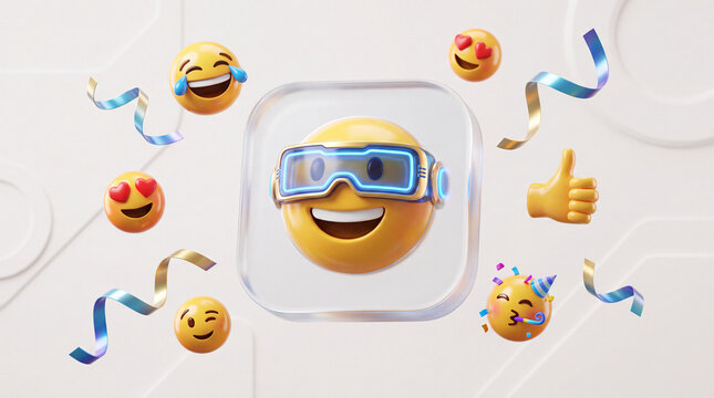 A 3D rendered image featuring an emoji wearing a VR headset, surrounded by other emojis, confetti, and streamers, suggesting a festive and digital experience.