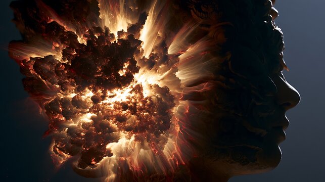 Prompt: A powerful minimalist surrealism conceptual portrait. A sharp side-profile silhouette of a multi-headed Rakshasa head is double-exposed with a symbolic cosmic landscape of a massive 