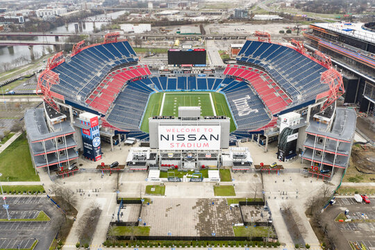 Nashville, TN, USA - March 8, 2026: Nissan Stadium is mainly home to the NFL's Tennessee Titans but also hosts other football and soccer games, concerts, and events. Aerial view.