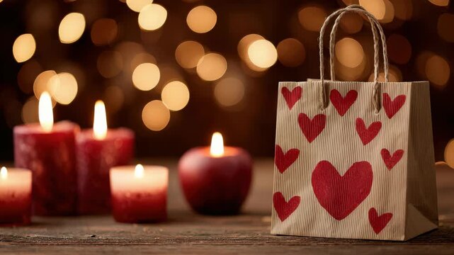 Gift bag with red hearts and burning candles on wooden table with bokeh lights background for romantic Valentines Day celebration and surprise